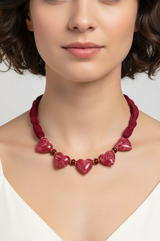 Fabric necklace with heart beads